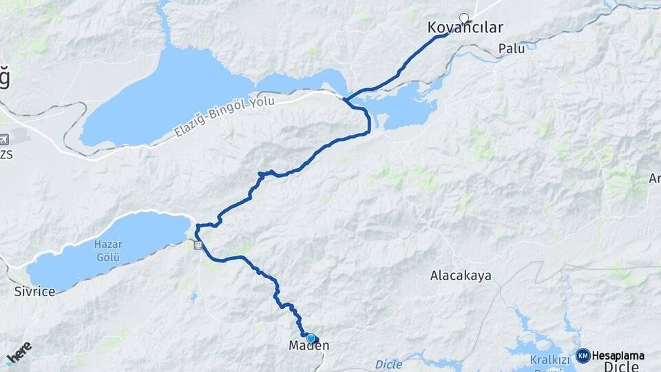 Elazığ Maden Kovancılar Arası Kaç Km - Yol Haritası