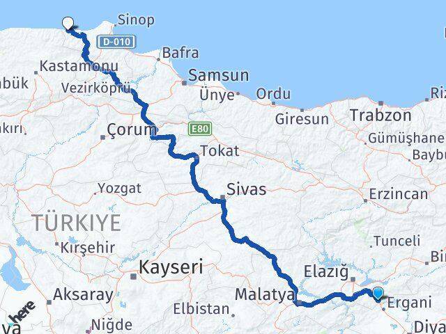 Elazığ Maden Türkeli Sinop Arası Kaç Km - Yol Haritası