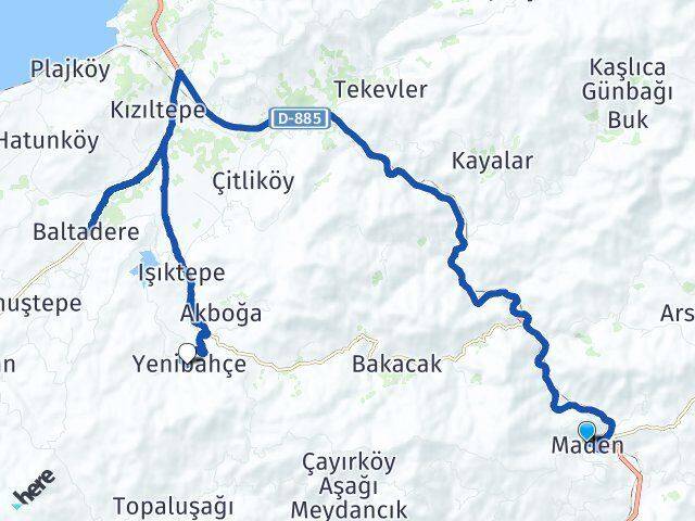 Elazığ Maden Yenibahçe Maden Arası Kaç Km - Yol Haritası