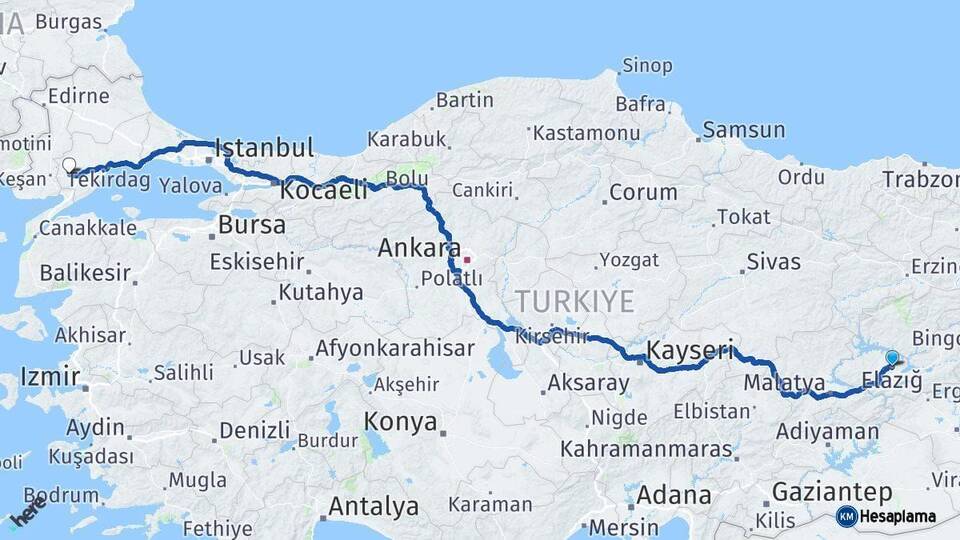 Elazığ Malkara Tekirdağ Arası Kaç Km - Yol Haritası