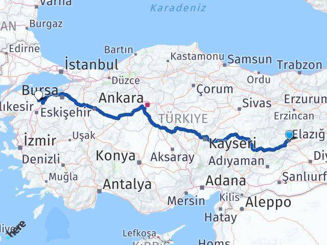 Elazığ Manyas Balıkesir Arası Kaç Km - Yol Haritası