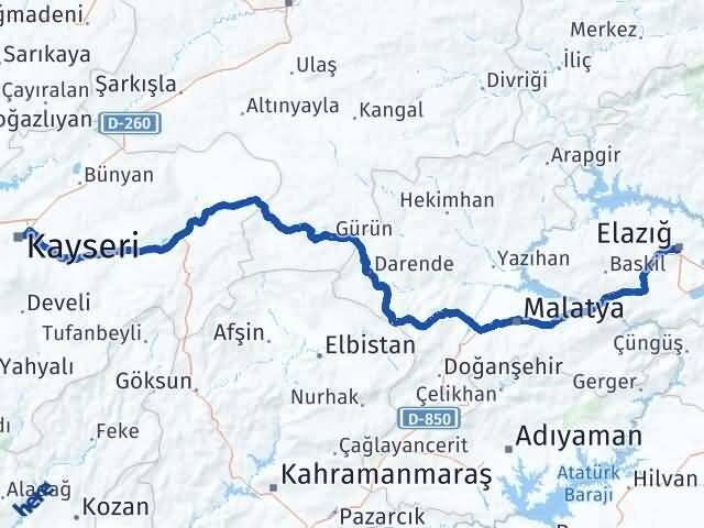 Elazığ Melikgazi Kayseri Arası Kaç Km - Yol Haritası