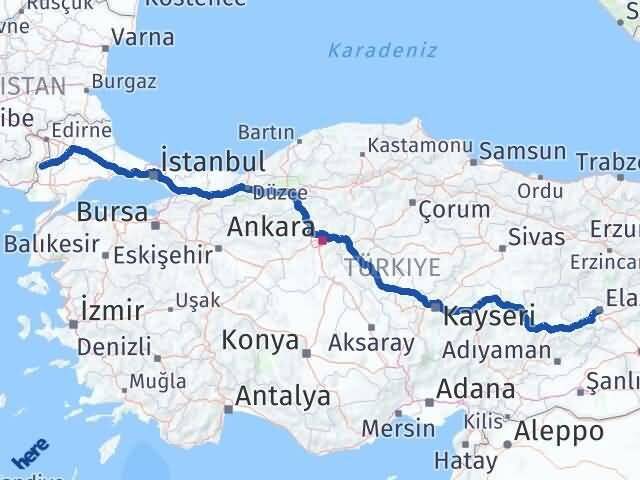 Elazığ Meriç Edirne Arası Kaç Km - Yol Haritası
