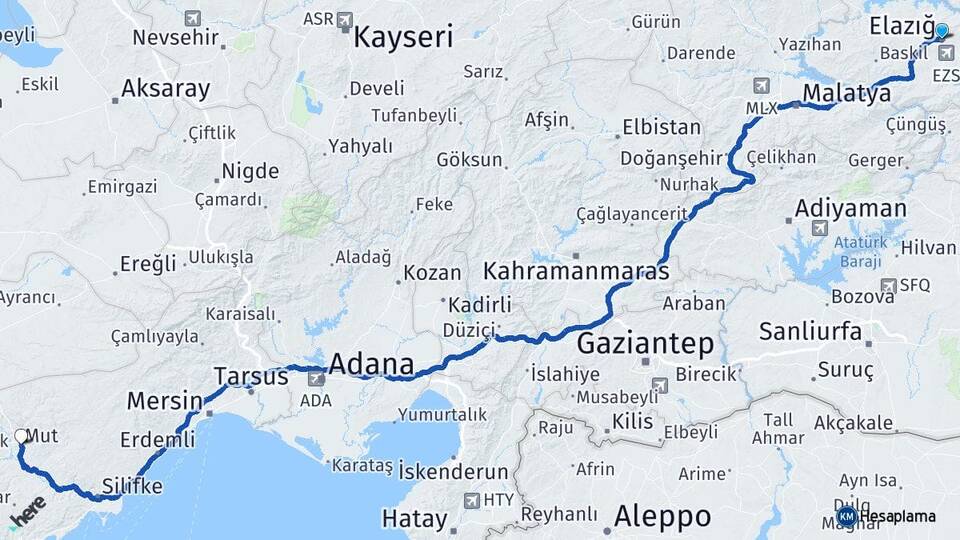 Elazığ Mut Mersin Arası Kaç Km - Yol Haritası