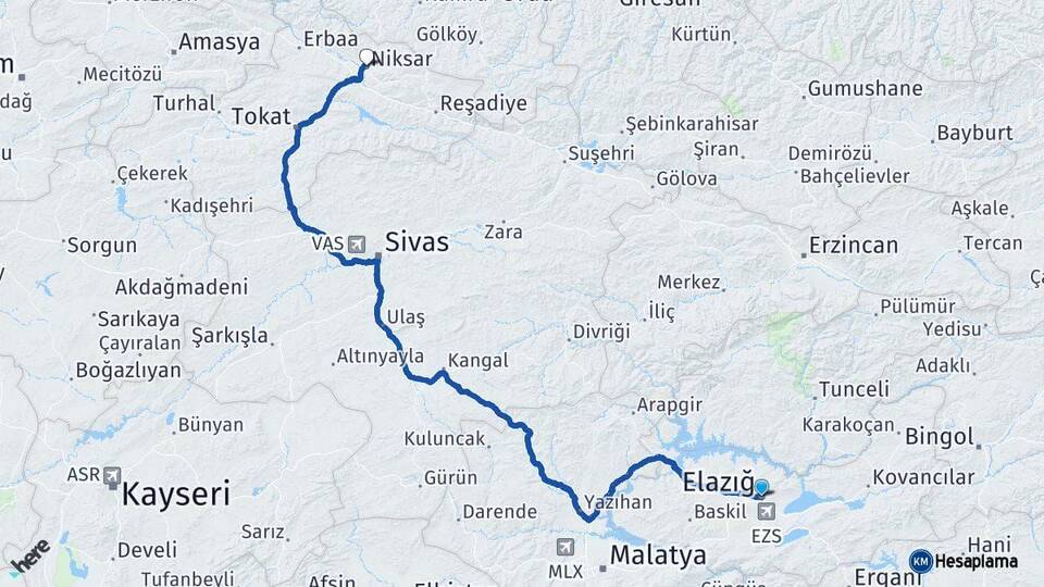Elazığ Niksar Tokat Arası Kaç Km - Yol Haritası