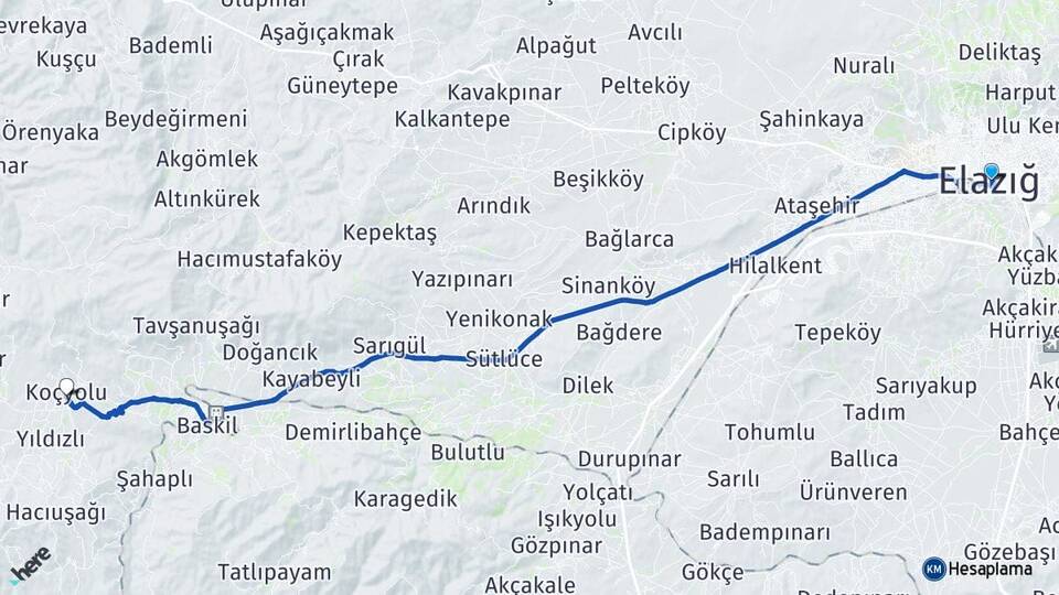 Elazığ Odabaşı Baskil Arası Kaç Km - Yol Haritası