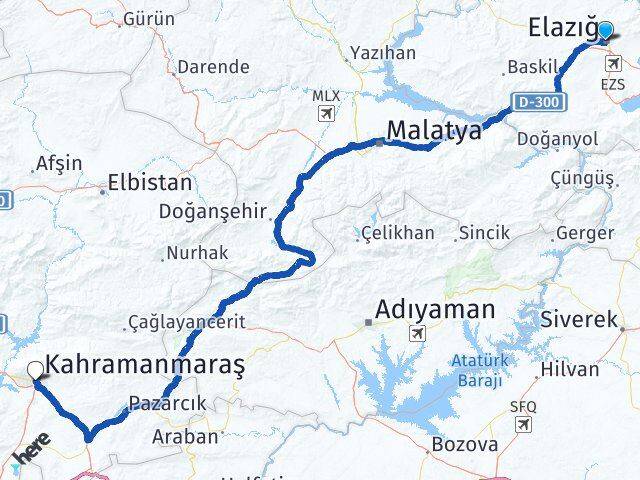 Elazığ Onikişubat Kahramanmaraş Arası Kaç Km - Yol Haritası