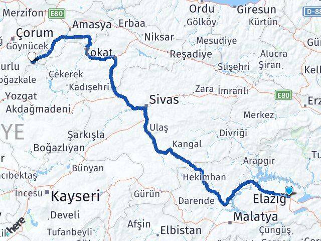 Elazığ Ortaköy Çorum Arası Kaç Km - Yol Haritası