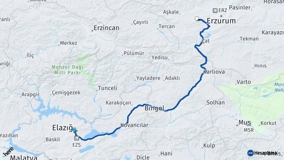 Elazığ Palandöken Erzurum Arası Kaç Km - Yol Haritası