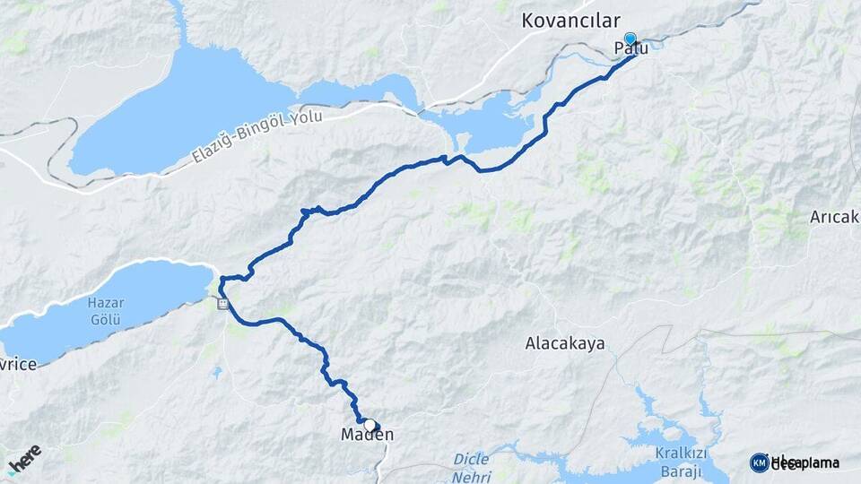 Elazığ Palu Maden Arası Kaç Km - Yol Haritası