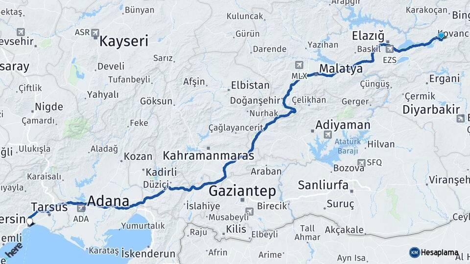 Elazığ Palu Mersin Arası Kaç Km - Yol Haritası