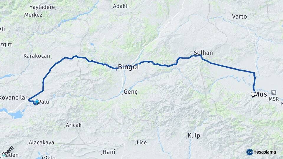 Elazığ Palu Muş Arası Kaç Km - Yol Haritası