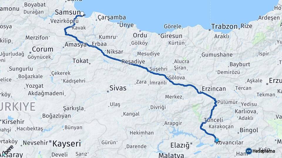 Elazığ Palu Samsun Arası Kaç Km - Yol Haritası