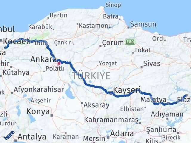 Elazığ Pamukova Sakarya Arası Kaç Km - Yol Haritası