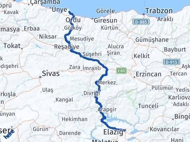 Elazığ Perşembe Ordu Arası Kaç Km - Yol Haritası