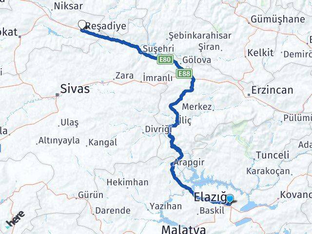 Elazığ Reşadiye Tokat Arası Kaç Km - Yol Haritası