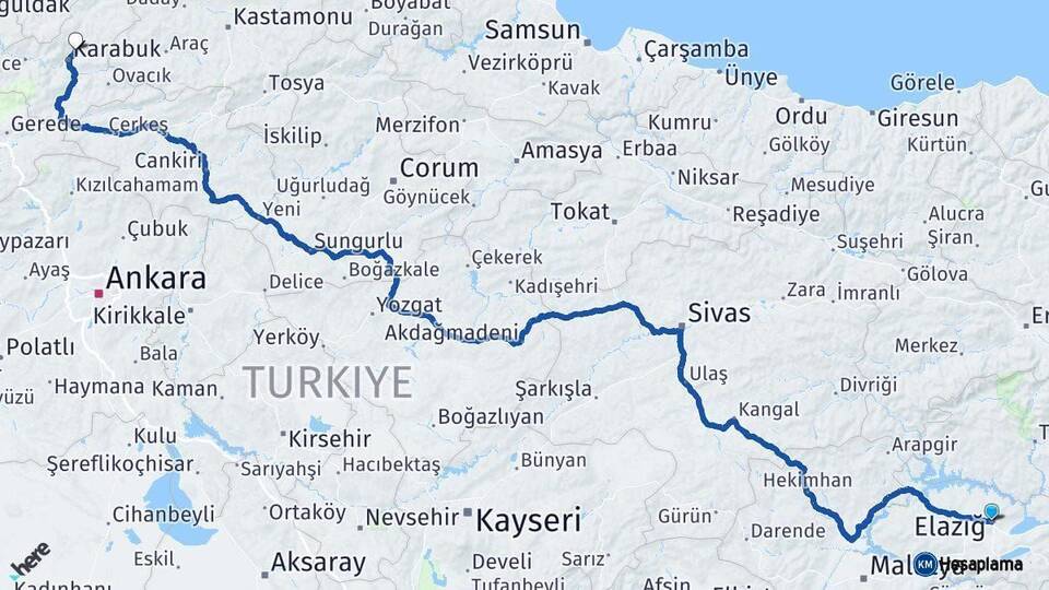 Elazığ Safranbolu Karabük Arası Kaç Km - Yol Haritası