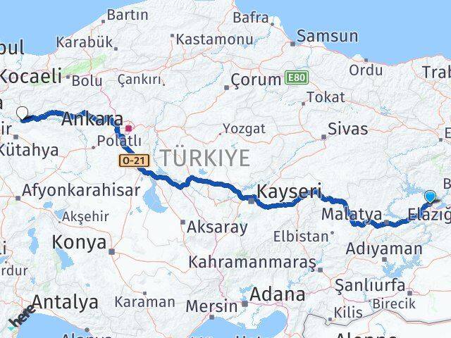 Elazığ Sarıcakaya Eskişehir Arası Kaç Km - Yol Haritası