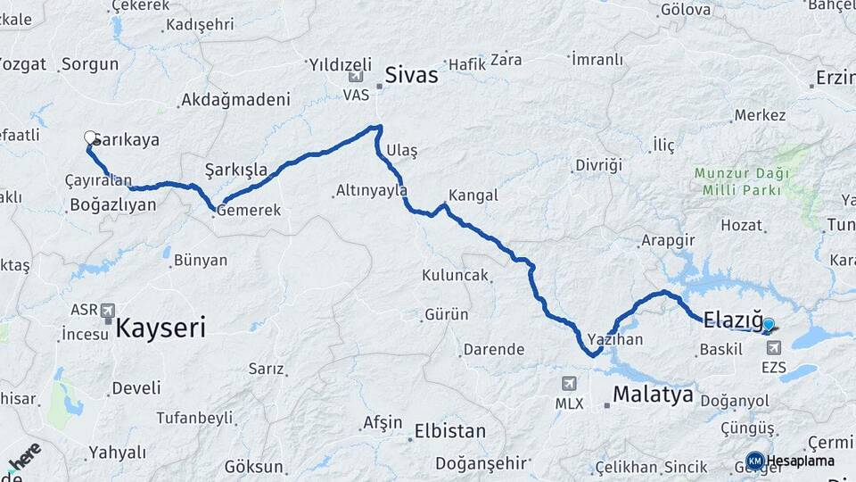 Elazığ Sarıkaya Yozgat Arası Kaç Km - Yol Haritası