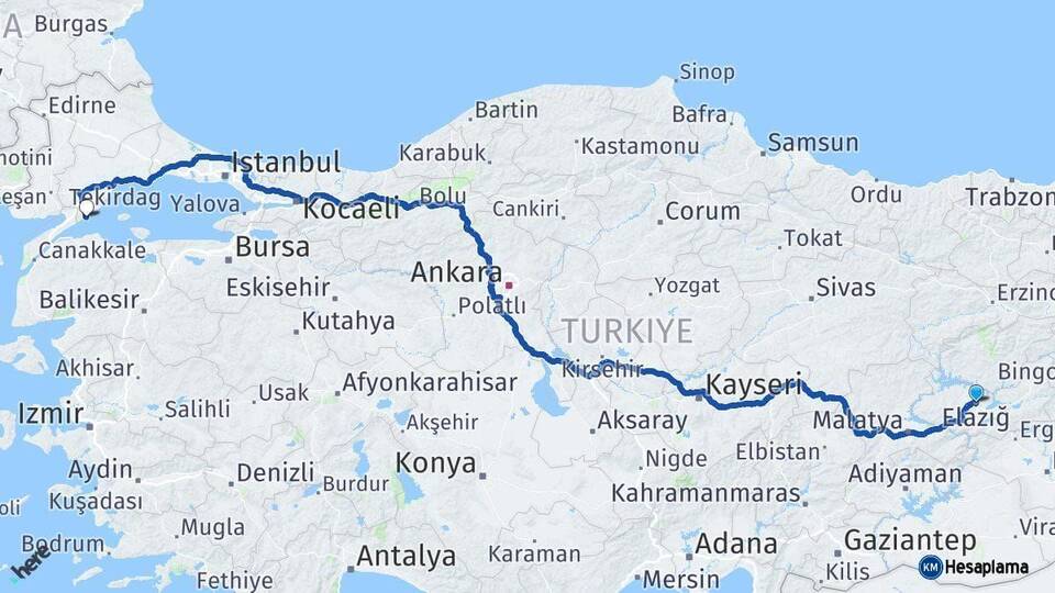 Elazığ Şarköy Tekirdağ Arası Kaç Km - Yol Haritası