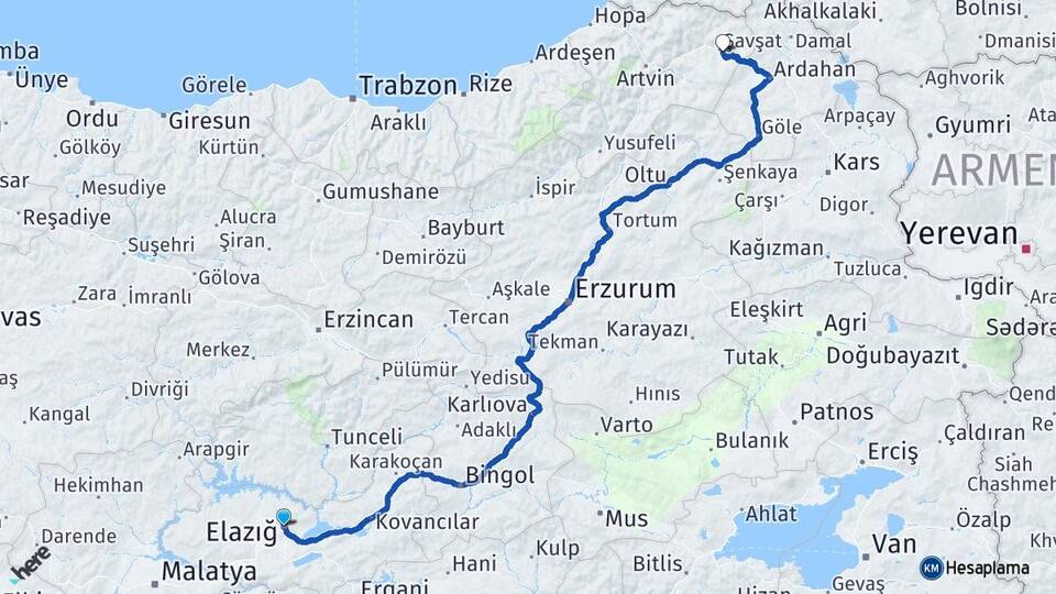 Elazığ Şavşat Artvin Arası Kaç Km - Yol Haritası