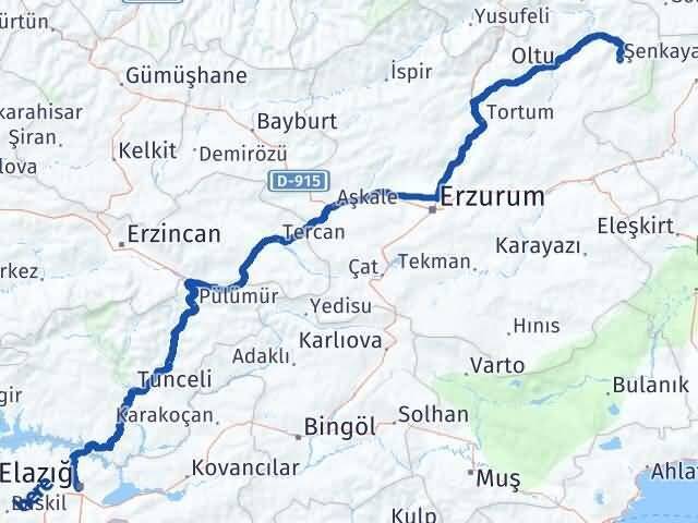 Elazığ Şenkaya Erzurum Arası Kaç Km - Yol Haritası