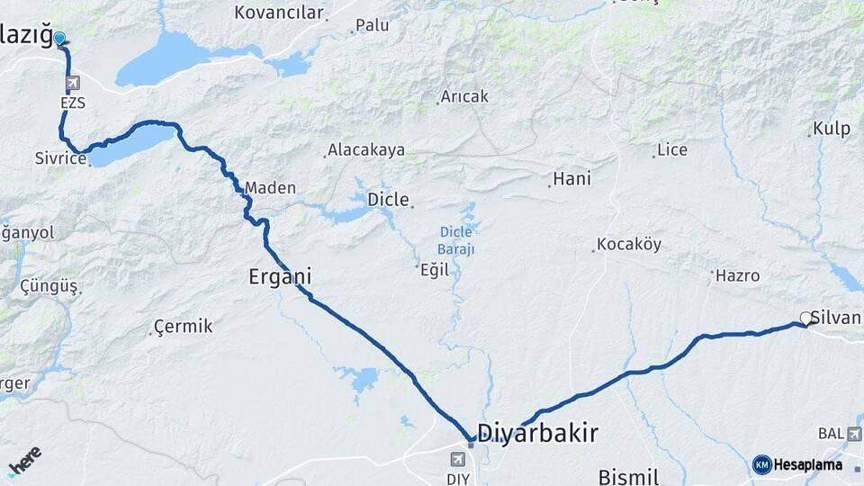 Elazığ Silvan Diyarbakır Arası Kaç Km - Yol Haritası