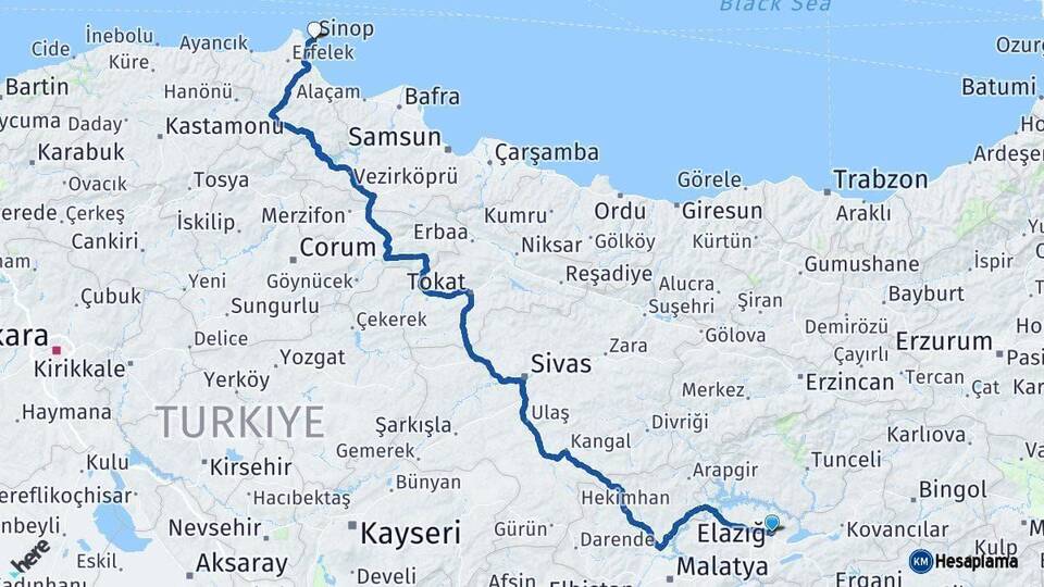 Elazığ Sinop Arası Kaç Km - Yol Haritası