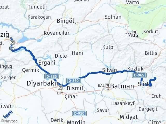 Elazığ Şirvan Siirt Arası Kaç Km - Yol Haritası