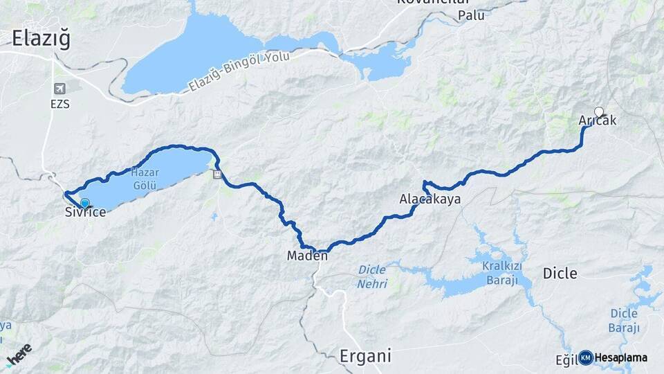 Elazığ Sivrice Arıcak Arası Kaç Km - Yol Haritası