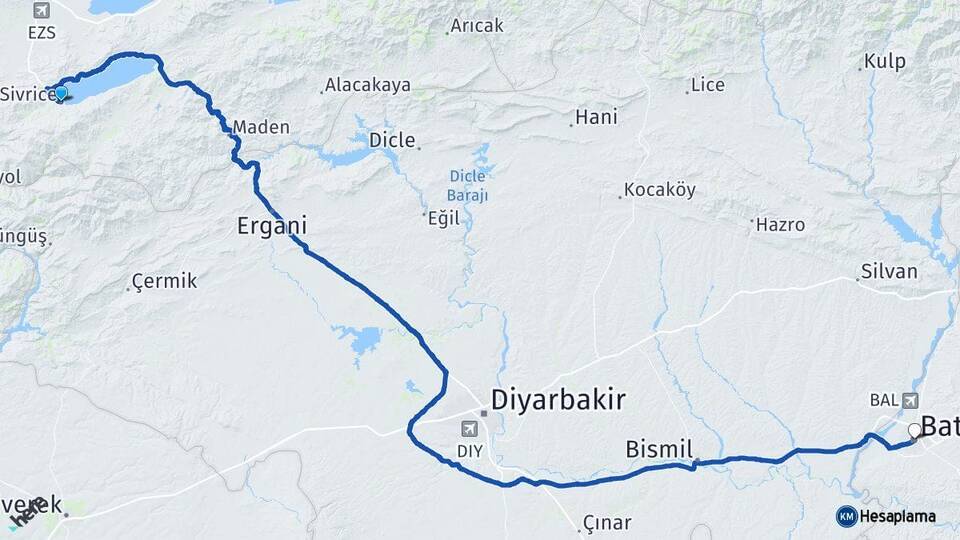 Elazığ Sivrice Batman Arası Kaç Km - Yol Haritası