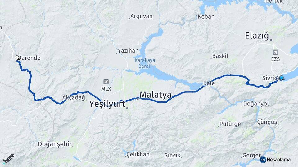 Elazığ Sivrice Darende Malatya Arası Kaç Km - Yol Haritası