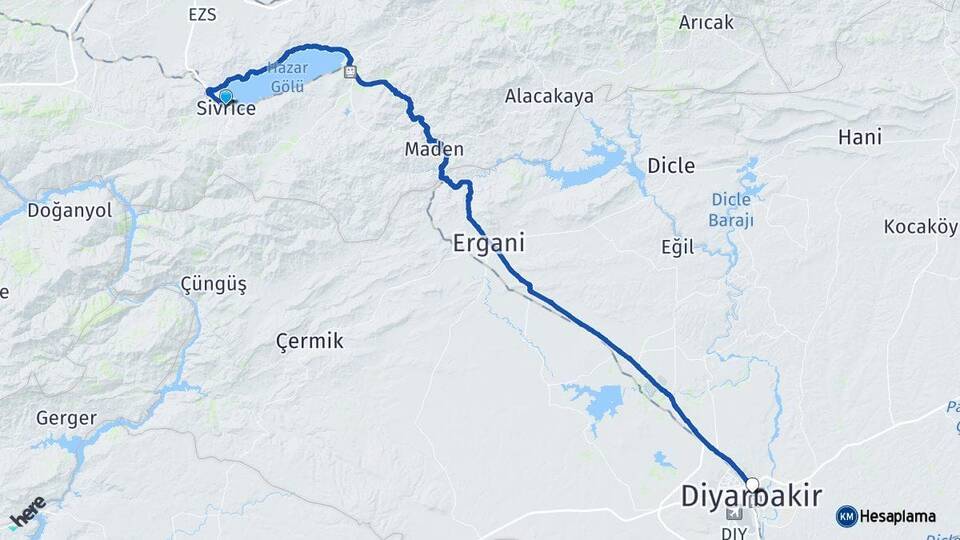 Elazığ Sivrice Diyarbakır Arası Kaç Km - Yol Haritası