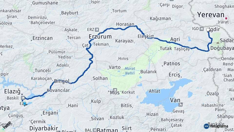 Elazığ Sivrice Iğdır Arası Kaç Km - Yol Haritası