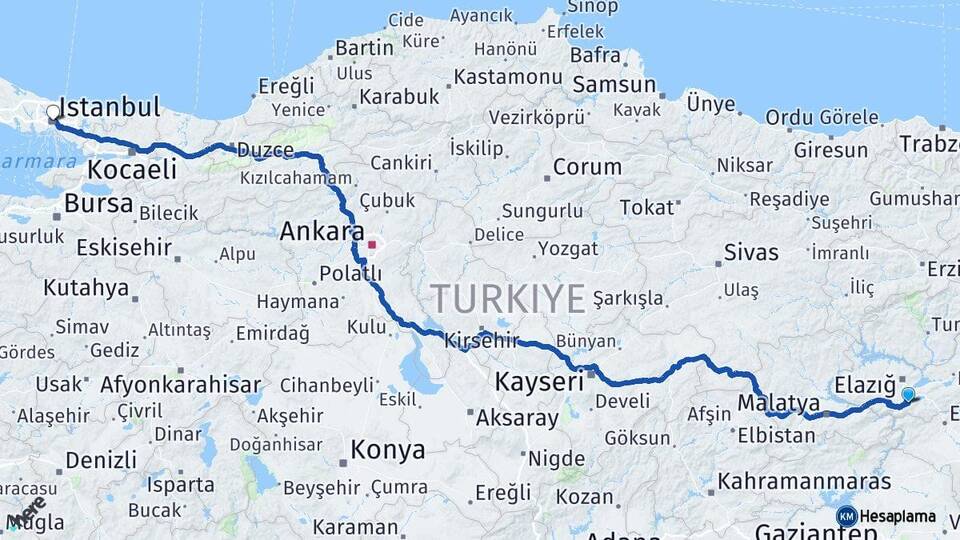 Elazığ Sivrice İstanbul Arası Kaç Km - Yol Haritası