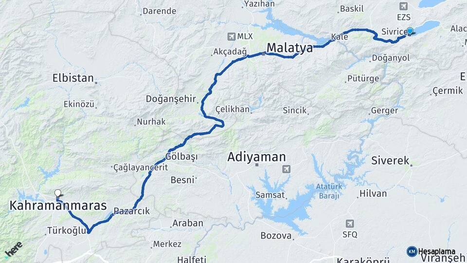 Elazığ Sivrice Kahramanmaraş Arası Kaç Km - Yol Haritası