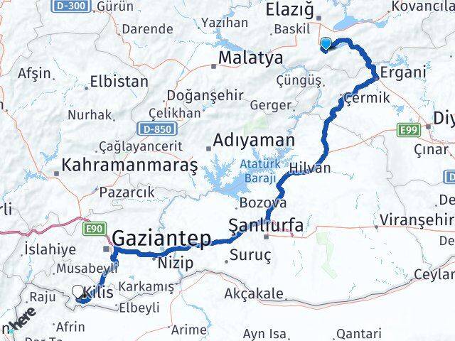 Elazığ Sivrice Kilis Arası Kaç Km - Yol Haritası