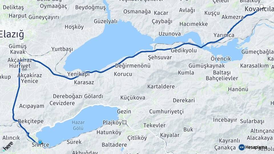 Elazığ Sivrice Kovancılar Arası Kaç Km - Yol Haritası