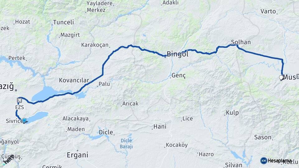 Elazığ Sivrice Muş Arası Kaç Km - Yol Haritası