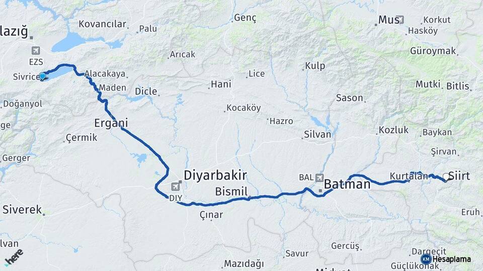 Elazığ Sivrice Siirt Arası Kaç Km - Yol Haritası