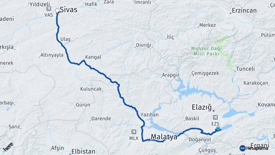 Elazığ Sivrice Sivas Arası Kaç Km - Yol Haritası