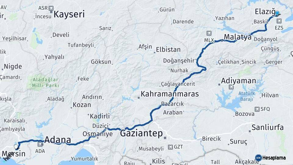 Elazığ Tarsus Mersin Arası Kaç Km - Yol Haritası
