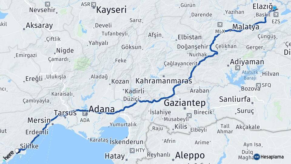Elazığ Taşucu Silifke Mersin Arası Kaç Km - Yol Haritası