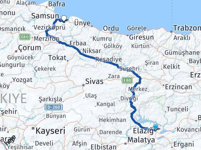 Elazığ Tekkeköy Samsun Arası Kaç Km - Yol Haritası