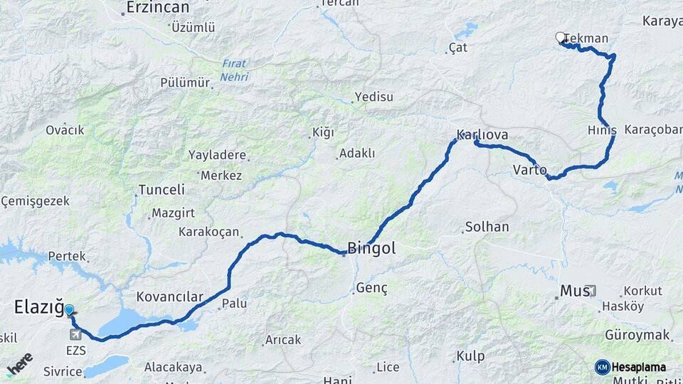 Elazığ Tekman Erzurum Arası Kaç Km - Yol Haritası