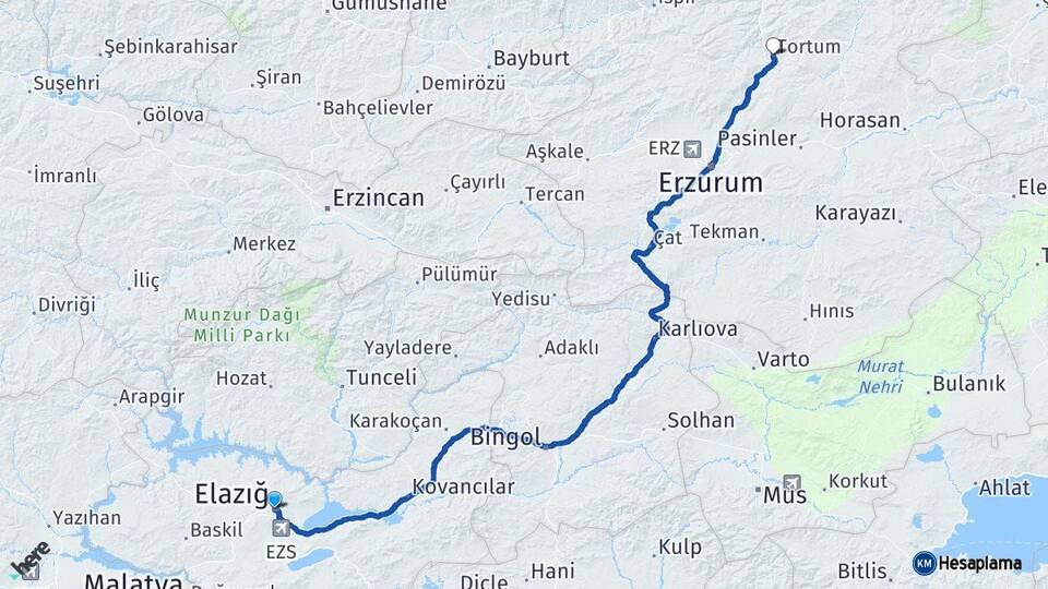 Elazığ Tortum Erzurum Arası Kaç Km - Yol Haritası