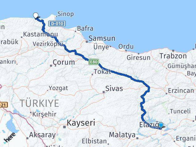 Elazığ Türkeli Sinop Arası Kaç Km - Yol Haritası