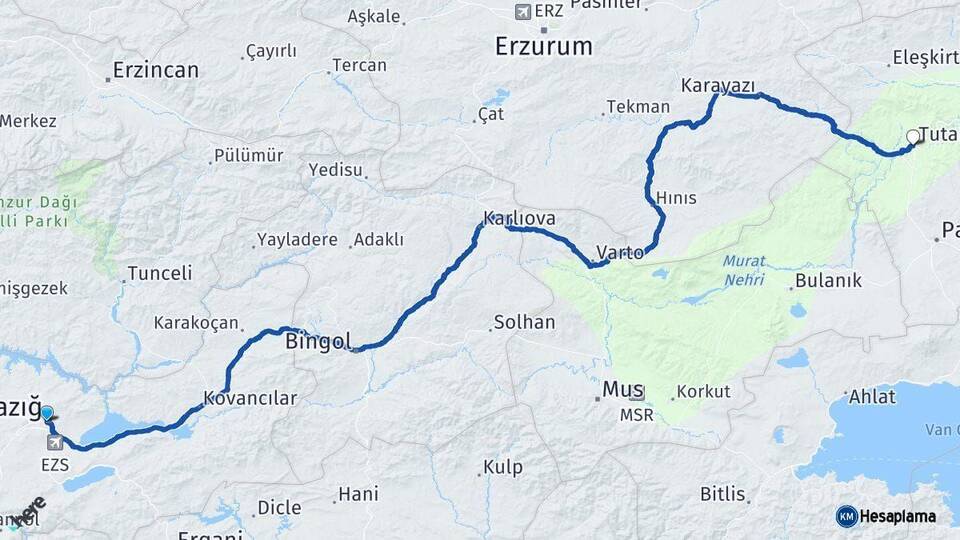 Elazığ Tutak Ağrı Arası Kaç Km - Yol Haritası