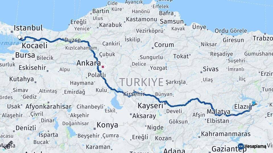 Elazığ Tuzla İstanbul Arası Kaç Km - Yol Haritası