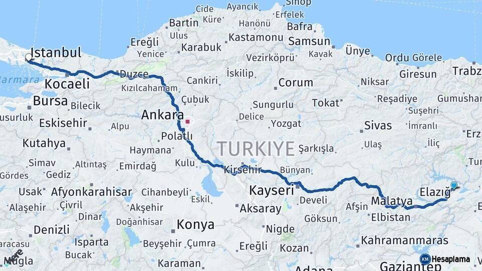 Elazığ Üsküdar İstanbul Arası Kaç Km - Yol Haritası